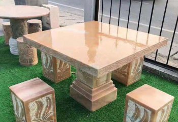桌椅雕塑-晚霞红小区景观方形简约石桌凳装饰摆件