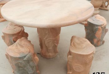 桌椅雕塑-晚霞红仿木公园圆形桌凳石雕