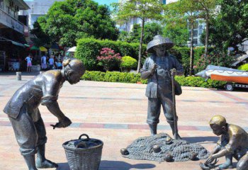 打渔雕塑-广场铸造捕鱼的一家三口小品黄铜雕塑
