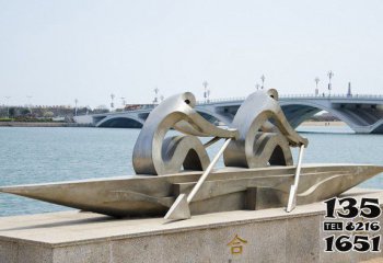 船雕塑-滨海景区海边摆放合力划船切面不锈钢船雕塑