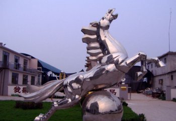 马雕塑-公园广场大型不锈钢圆球上奔腾的马雕塑
