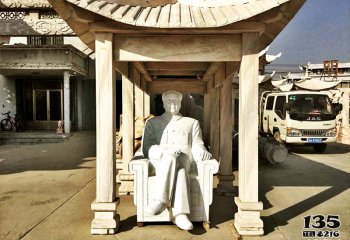 毛泽东雕塑-景区汉白玉石雕凉亭中休息的毛泽东雕塑