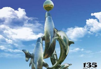 海豚雕塑-空中飞跃多只玩球雕塑不锈钢海豚雕塑