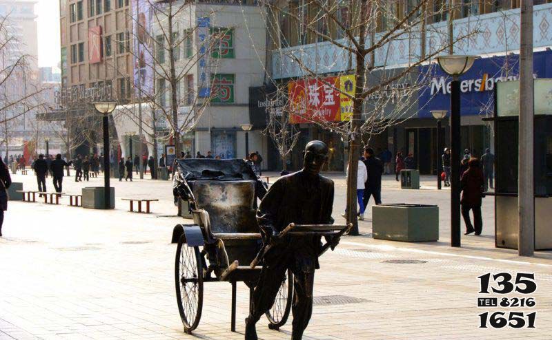 黄包车雕塑-商场室外摆放奔跑拉黄包车的人物景观铜雕高清图片