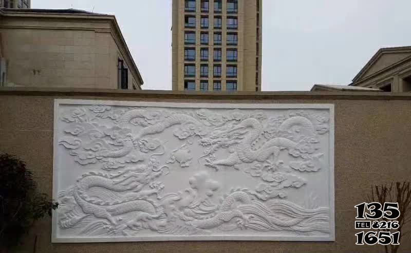 影壁雕塑-别墅汉白玉龙浮雕影壁石雕高清图片
