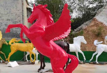 飞马雕塑-公园里摆放的一只红色的玻璃钢喷漆飞马雕塑