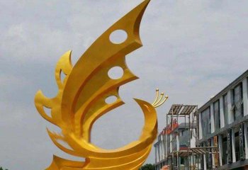 凤凰雕塑-公园创意不锈钢抽象黄色凤凰雕塑