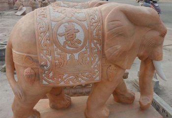 大象雕塑-公园景区创意晚霞红石雕如意大象雕塑