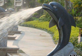 海豚雕塑-小区街道一只喷水的石雕海豚雕塑