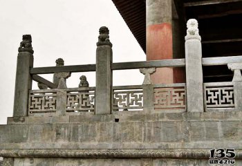 栏杆栏板雕塑-寺庙青石狮子镂空防护栏杆雕塑