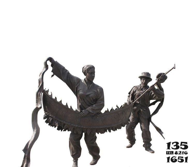 扭秧歌雕塑-城市广民俗划船扭秧歌人物青铜雕塑高清图片