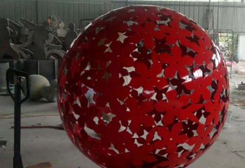 镂空球雕塑-公园创意玻璃钢红色树叶镂空球雕塑