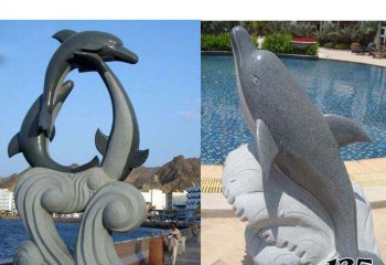 海豚雕塑-海边三只黑色石雕和一只抬头石雕海豚雕塑