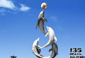 海豚雕塑-户外一群抢球的不锈钢海豚雕塑