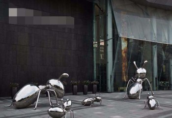 蚂蚁雕塑-商场店铺门口一群抛光不锈钢蚂蚁雕塑