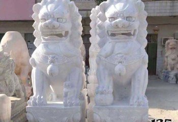 狮子雕塑-祠堂汉白玉石雕一对看大门口的镇宅狮子雕塑