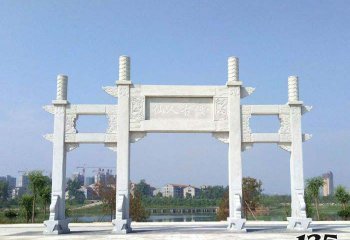牌坊雕塑-公园景区汉白玉三门石柱牌楼石雕