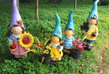 花园娃娃雕塑-户外草坪仿真可爱童趣玻璃钢彩绘向日葵花园娃娃