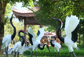 丹顶鹤雕塑-玻璃钢彩绘公园一群丹顶鹤雕塑