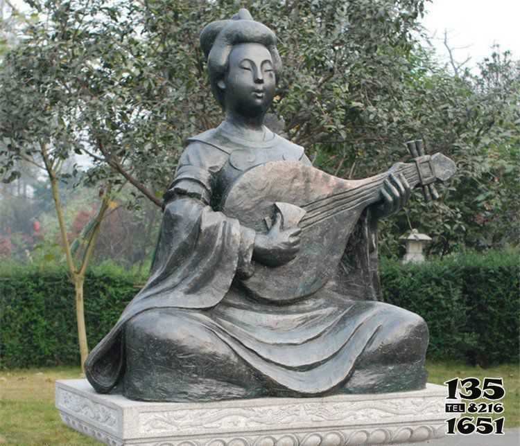 弹奏人物雕塑-弹琵琶的乐妓古代人物铜雕弹雕塑高清图片