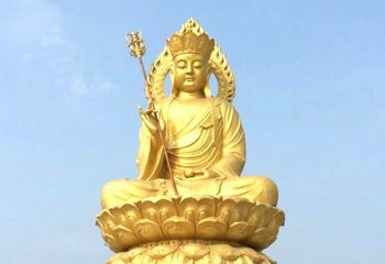 地藏王雕塑-户外广场大型不锈钢喷金鎏金佛像手拿法杖的地藏王雕塑
