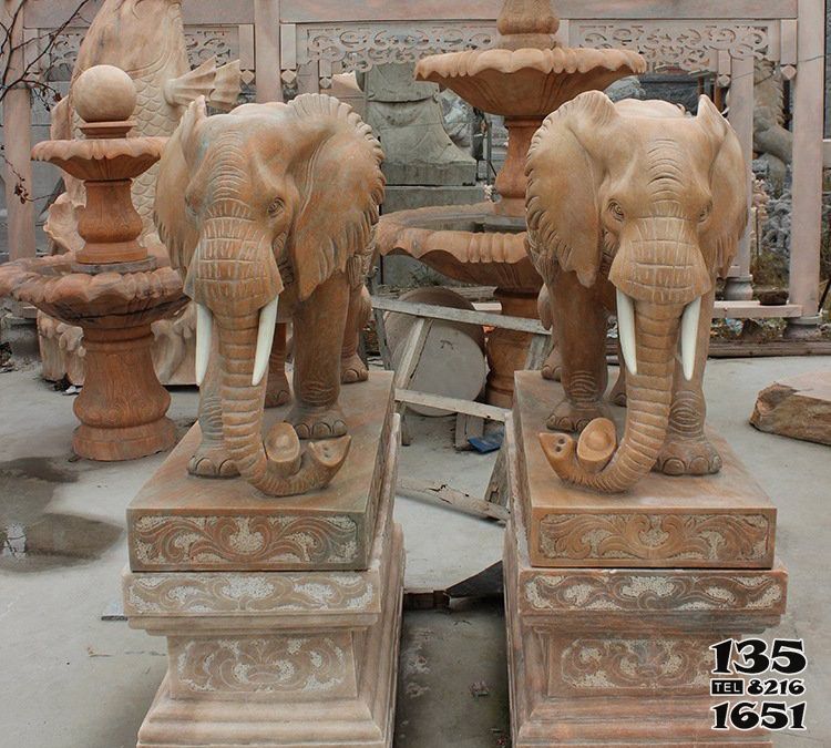大象雕塑-庭院寺庙晚霞红石雕大象雕塑高清图片
