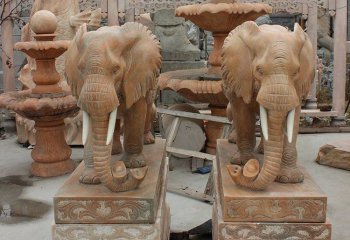 大象雕塑-庭院寺庙晚霞红石雕大象雕塑