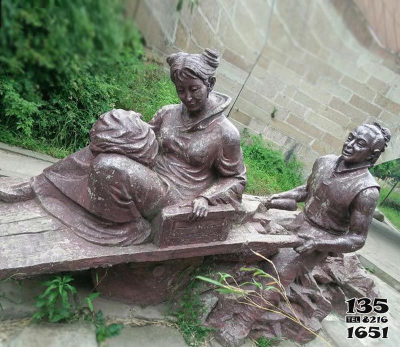 独轮车雕塑-公园广场独轮车推媳妇的古人红铜雕塑