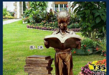 读书雕塑-花园铜雕男孩站着的读书雕塑