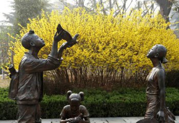 儿童雕塑-公园铜雕放风筝的儿童雕塑
