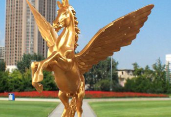 飞马雕塑-街道边摆放的金色起飞的玻璃钢喷漆飞马雕塑
