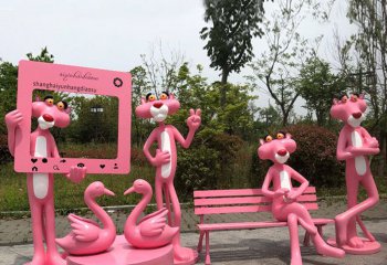 粉红豹雕塑-庭院公园户外卡通粉红豹组合玻璃钢粉红豹雕塑