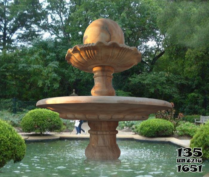 风水球雕塑-公园景观晚霞红双层风水球喷泉石雕高清图片