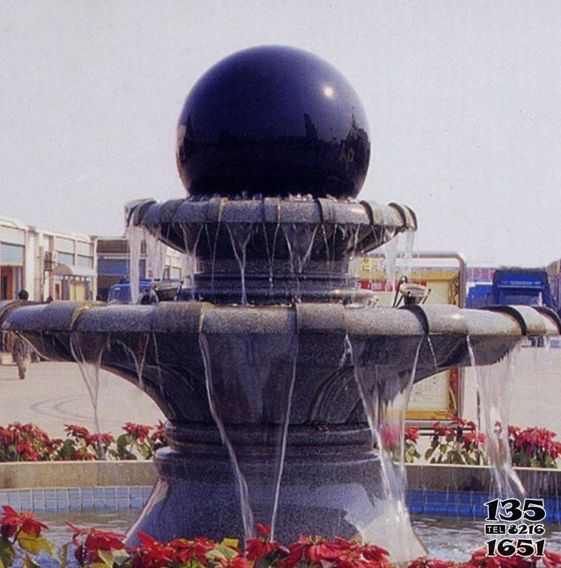 风水球雕塑-酒店中国黑双层风水球喷泉石雕高清图片
