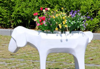 狗狗雕塑-公园玻璃钢白色花盆狗狗雕塑