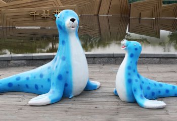 海豹雕塑-公园摆放的一大一小的玻璃钢彩绘海豹雕塑