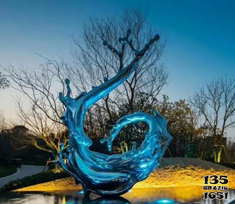 海浪浪花雕塑-海边装饰一朵蓝色不锈钢海浪浪花雕塑高清图片