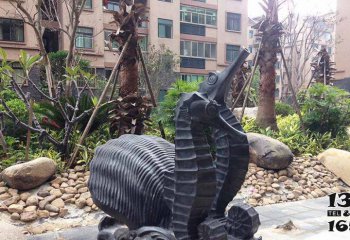 海马雕塑-街道上摆放的一对黑色的玻璃钢创意海马雕塑