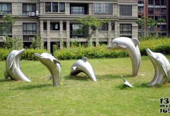 海豚雕塑-别墅一群跳动的不锈钢海豚雕塑