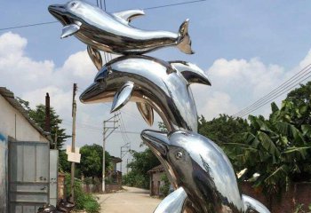 海豚雕塑-城市三只空中跳跃的不锈钢海豚雕塑