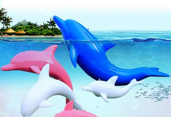 海豚雕塑-池塘多个彩色不锈钢海豚的雕塑