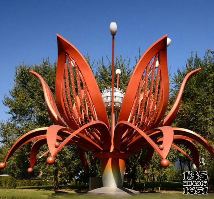 花朵雕塑-不锈钢公园绽放的红色花朵雕塑高清图片
