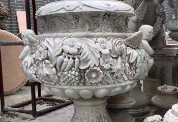 花盆雕塑-汉白玉欧式浮雕人物花朵花盆雕塑