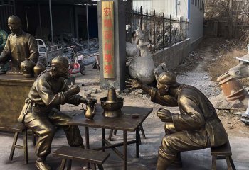 酒文化雕塑-户外景点创意铜雕吃火锅喝酒的人物景观酒文化雕塑
