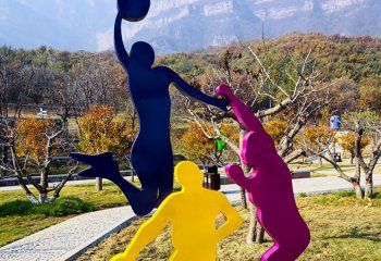 篮球雕塑-公园摆放剪影不锈钢打篮球运动人物雕塑