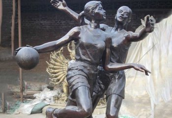 篮球雕塑-女子打篮球公园小品玻璃钢仿铜雕塑