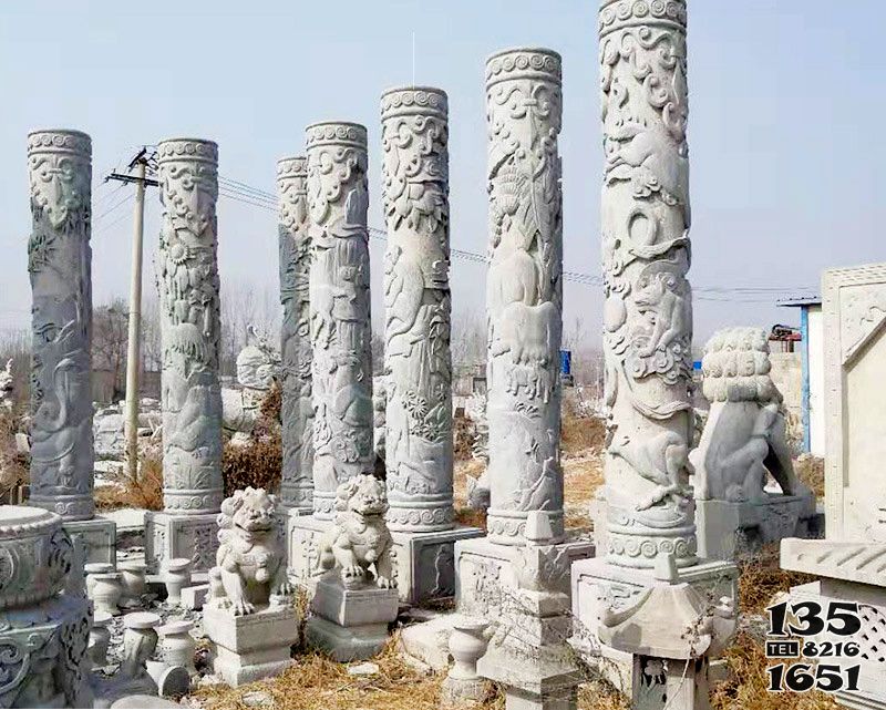 龙柱雕塑-古建筑帝王墓园摆放石雕龙柱高清图片