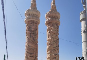 龙柱雕塑-晚霞红企业门前摆放风水盘龙柱