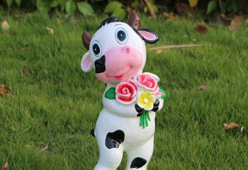 牛雕塑-草坪一只抱花的小奶牛雕塑