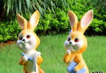 兔子雕塑-校园两只黄色玻璃钢兔子雕塑